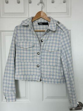 Zara Light Blue & Cream Plaid Tweed Jacket